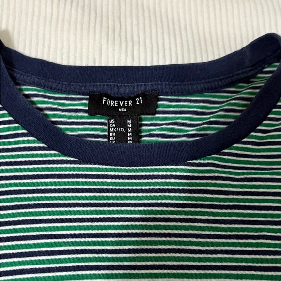 Forever 21 Men Striped T-Shirt Medium Green Navy Crew Neck Short Sleeve Tee - Picture 2 of 4